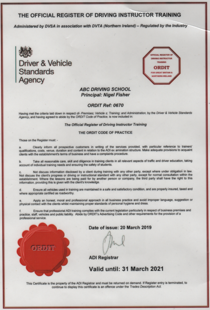 driving instructor training certificate